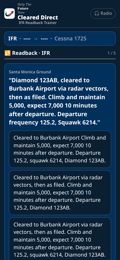 Cleared Direct screenshot: Readback drill: pick the full readback
